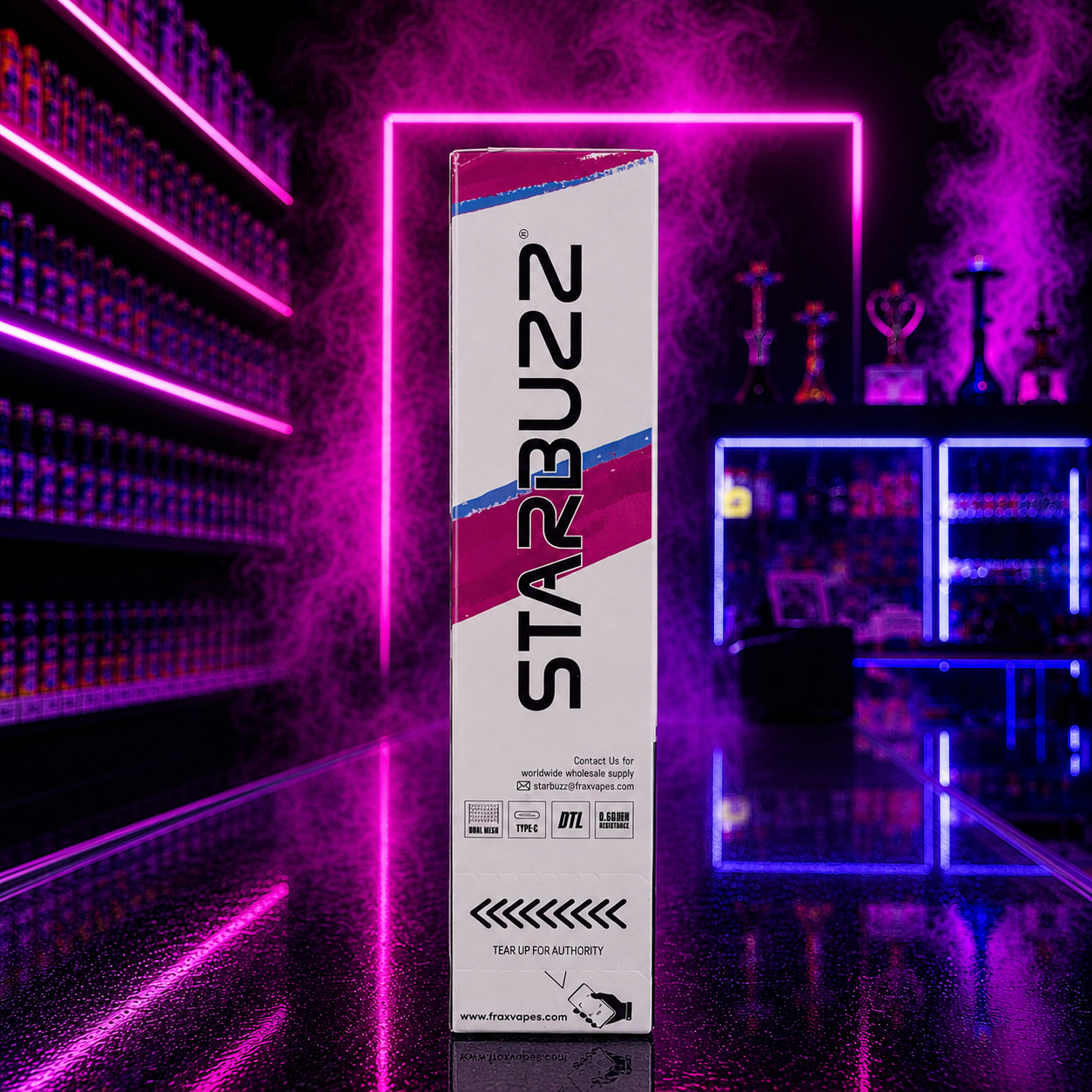 Starbuzz 50K E-Hose Blue Razz Blast disposable vape side profile featuring dual mesh technology, Type-C charging, and neon pink smoke shop background at Pink Smoke Shop Miami.