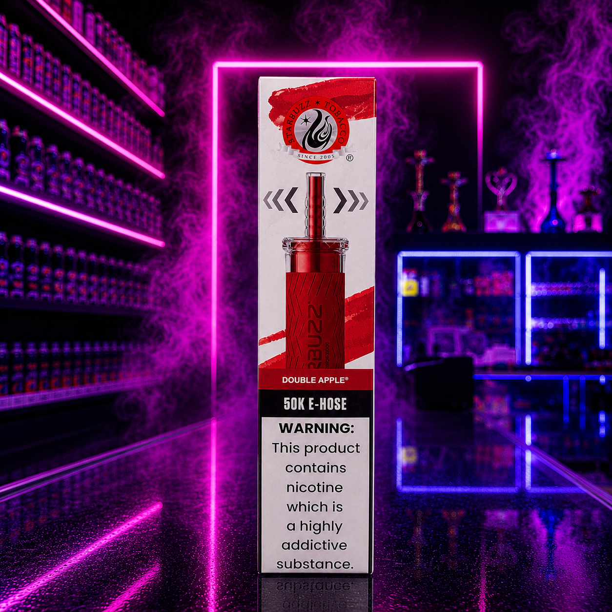 Starbuzz 50K E-Hose Double Apple Hookah Vape with neon pink smoke shop background