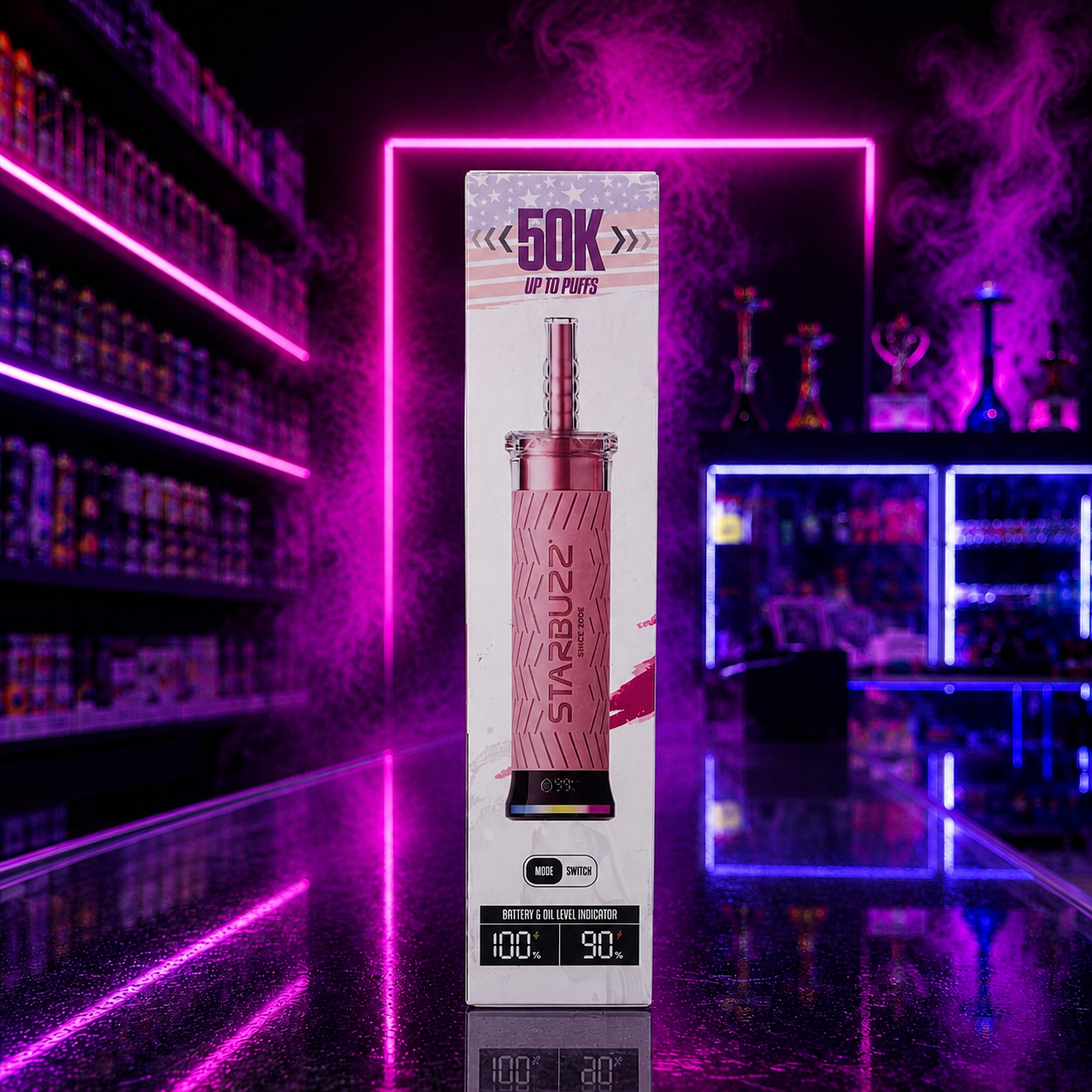 Starbuzz 50K E-Hose First Love disposable vape featuring 50,000 puffs, battery and e-liquid level indicators, displayed on a neon pink and purple smoke shop background with reflective lighting.