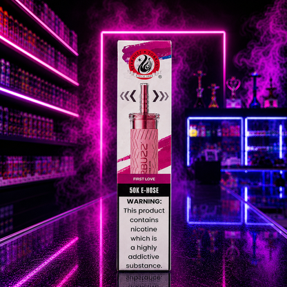 Starbuzz 50K E-Hose Hookah Vape Blue Razz Blast with neon pink smoke shop background
