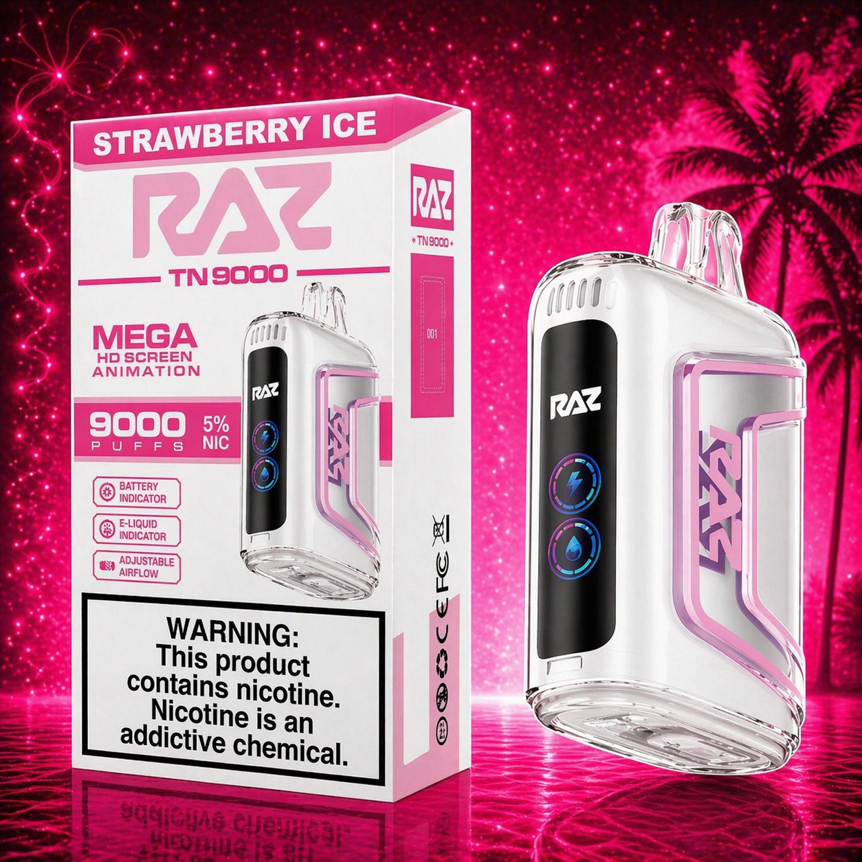RAZ TN9000 Strawberry Ice disposable vape with neon pink cherry lemon style background, 9000 puffs device with packaging displayed