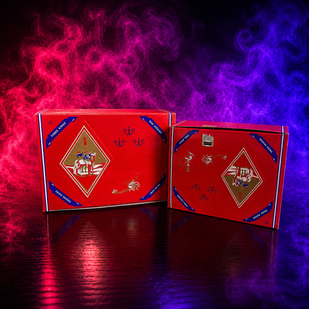 Three Kings 100 Quick Lighting Charcoal Briquets boxes with pink and purple smoke background for hookah and shisha use.