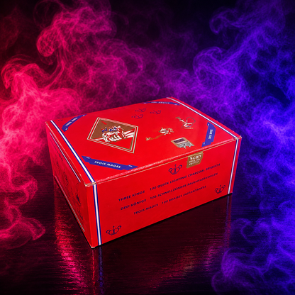 Three Kings 100 quick light charcoal briquettes front box for hookah and shisha