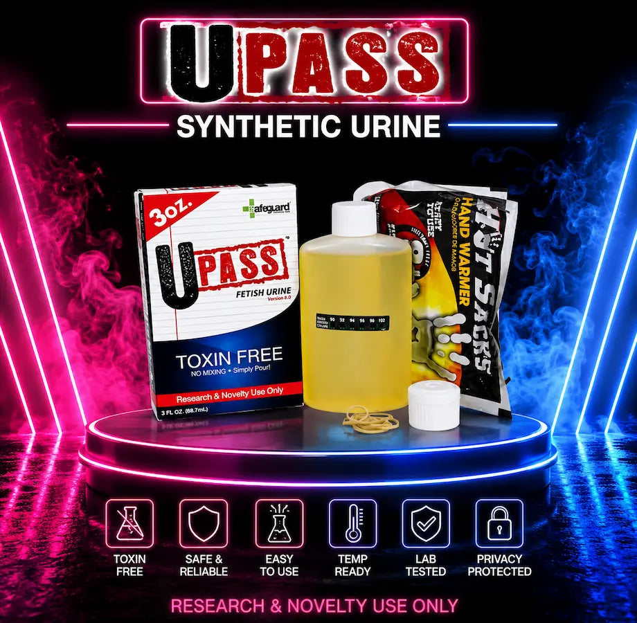 UPass Synthetic Urine 3oz kit with neon black background featuring temperature strip bottle, hand warmer, and toxin-free synthetic urine for research and novelty use only.